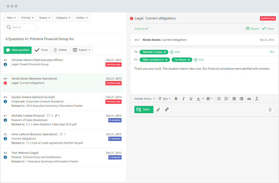 Q&A module in an online data room